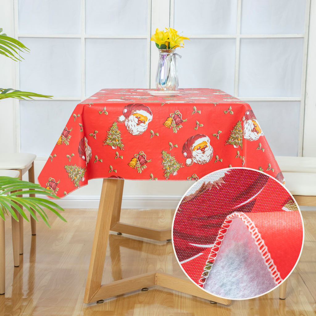 Happy Christmas Tablecloth Happy Cute Santa Claus Vinyl Surface with Flannel Backing Oilcloth Waterproof holiday (Red type)