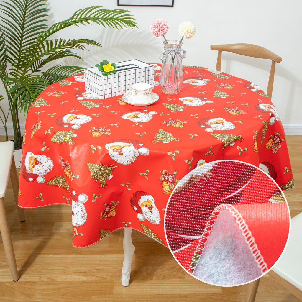 Happy Christmas Tablecloth Happy Cute Santa Claus Vinyl Surface with Flannel Backing Oilcloth Waterproof holiday (Red type)