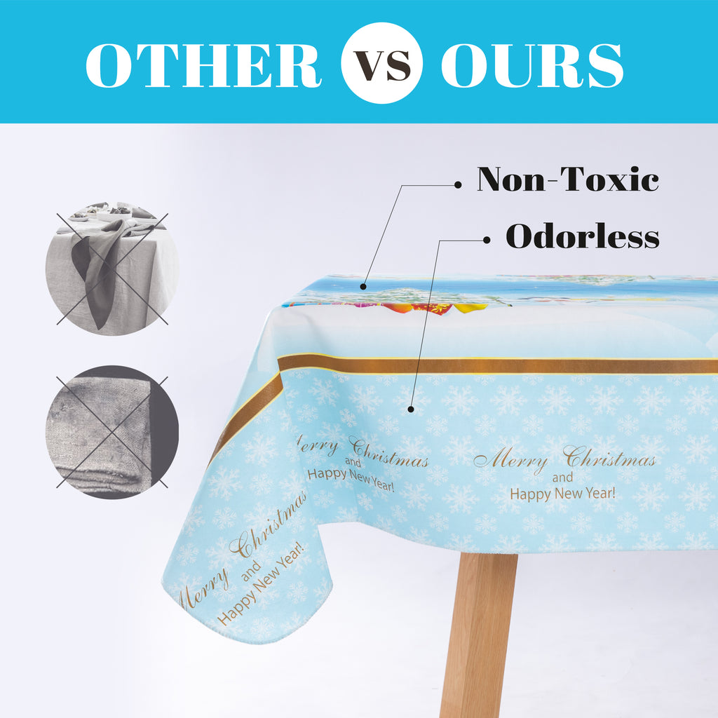 Christmas Blue Snowman Tablecloth Table Cover Vinyl Surface with Flannel Backing Oilcloth Waterproof holiday