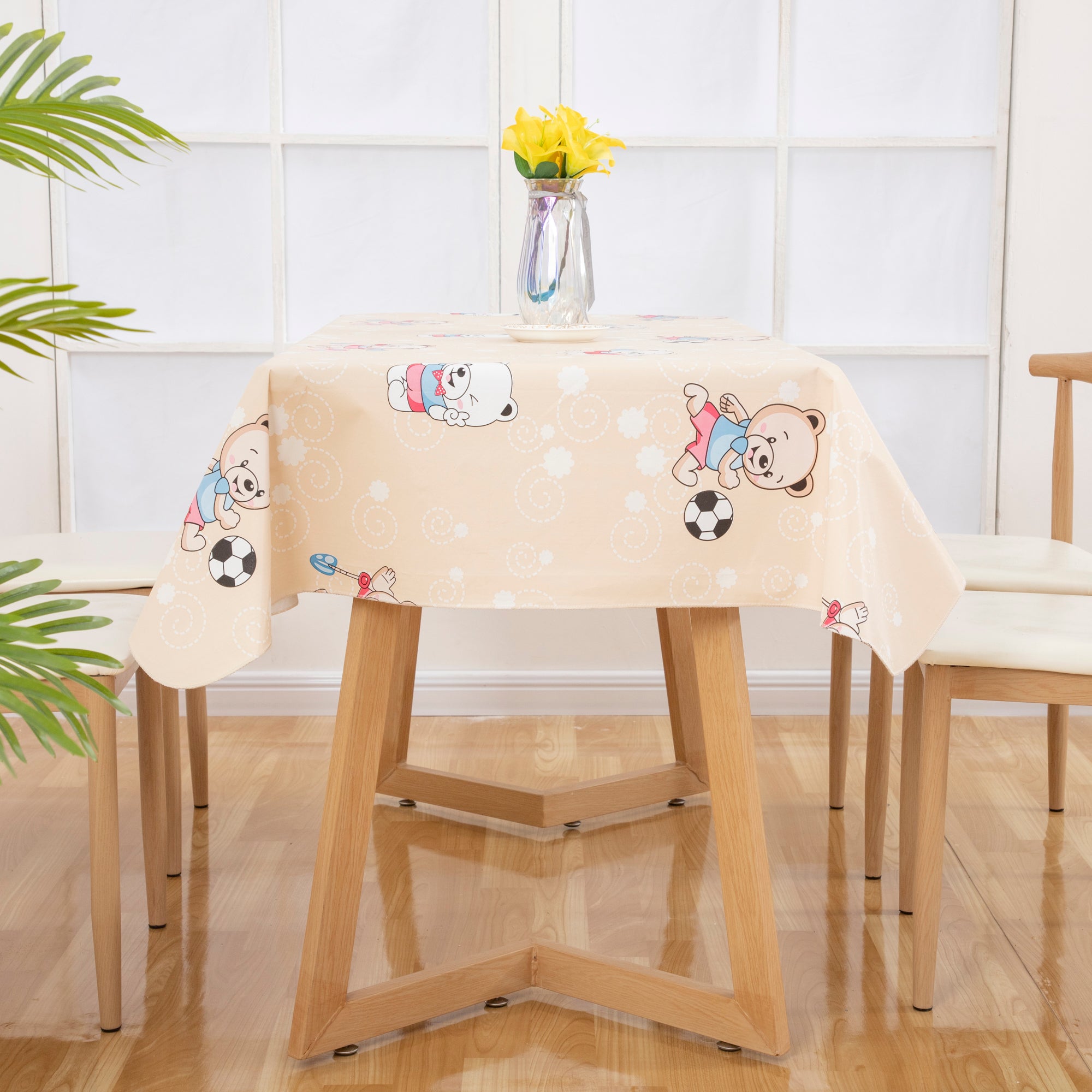 RAY STAR Classic Beige Teddy Bear Football Vinyl Tablecloth with Flannel Backing – Cute Kids Pattern, Waterproof & Easy Clean Oilcloth for Kitchen or Party Table