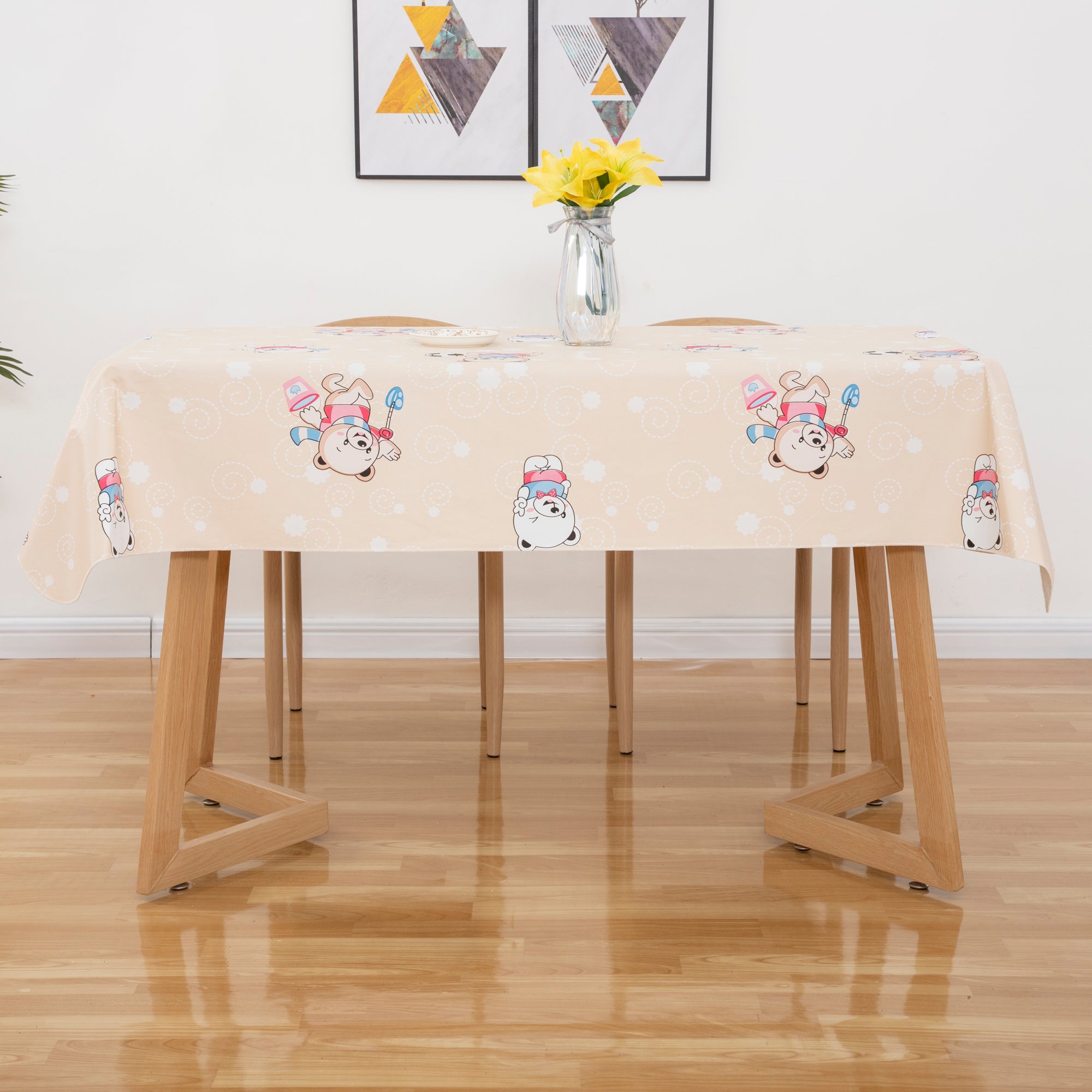 RAY STAR Classic Beige Teddy Bear Football Vinyl Tablecloth with Flannel Backing – Cute Kids Pattern, Waterproof & Easy Clean Oilcloth for Kitchen or Party Table