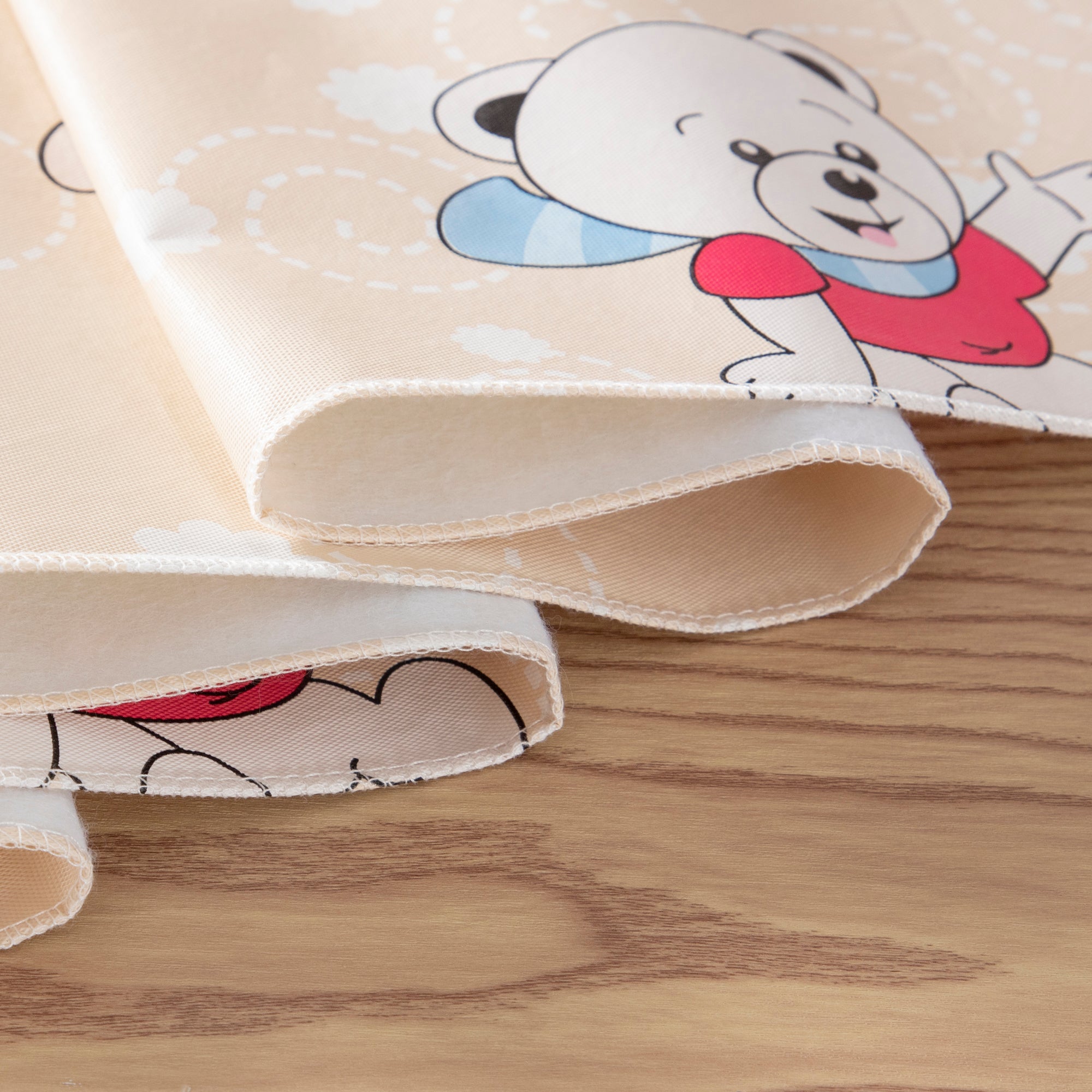 RAY STAR Classic Beige Teddy Bear Football Vinyl Tablecloth with Flannel Backing – Cute Kids Pattern, Waterproof & Easy Clean Oilcloth for Kitchen or Party Table