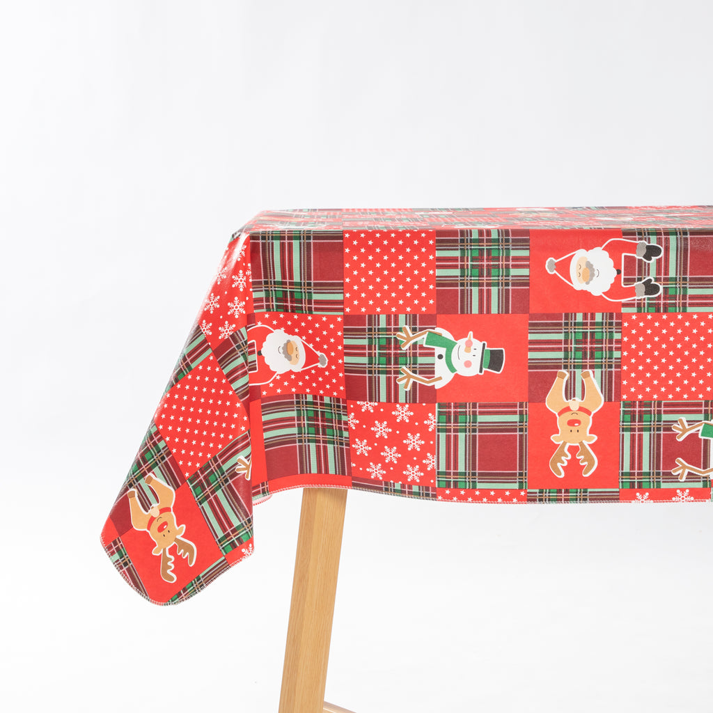 Christmas Cute elements Vinyl Tablecloth Happy Cute Santa Claus Vinyl Surface with Flannel Backing Oilcloth Waterproof holiday (Beige type)