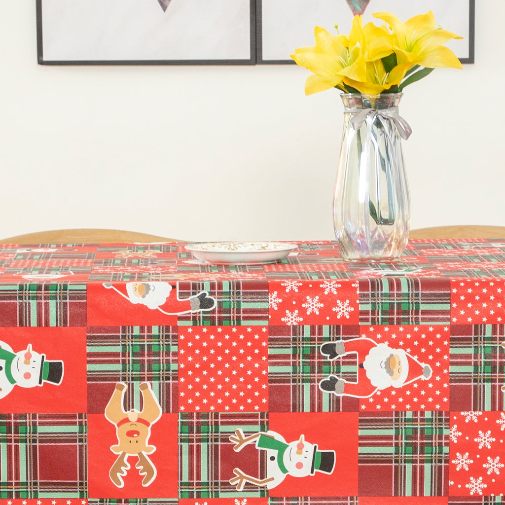 Christmas Cute elements Vinyl Tablecloth Happy Cute Santa Claus Vinyl Surface with Flannel Backing Oilcloth Waterproof holiday (Beige type)