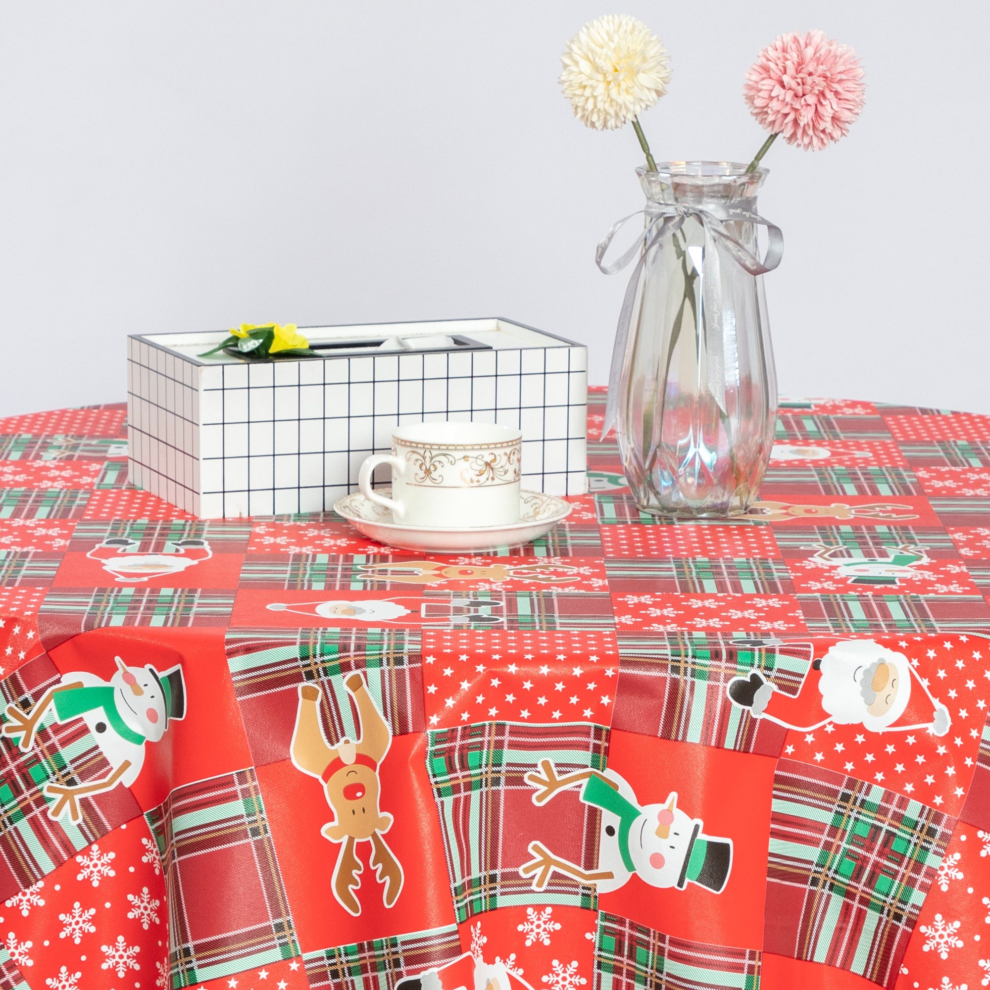 Christmas Cute elements Vinyl Tablecloth Happy Cute Santa Claus Vinyl Surface with Flannel Backing Oilcloth Waterproof holiday (Beige type)