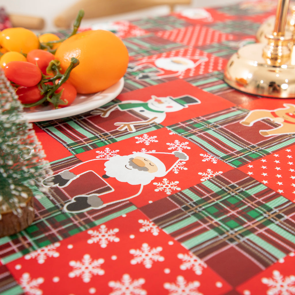 Christmas Cute elements Vinyl Tablecloth Happy Cute Santa Claus Vinyl Surface with Flannel Backing Oilcloth Waterproof holiday (Beige type)