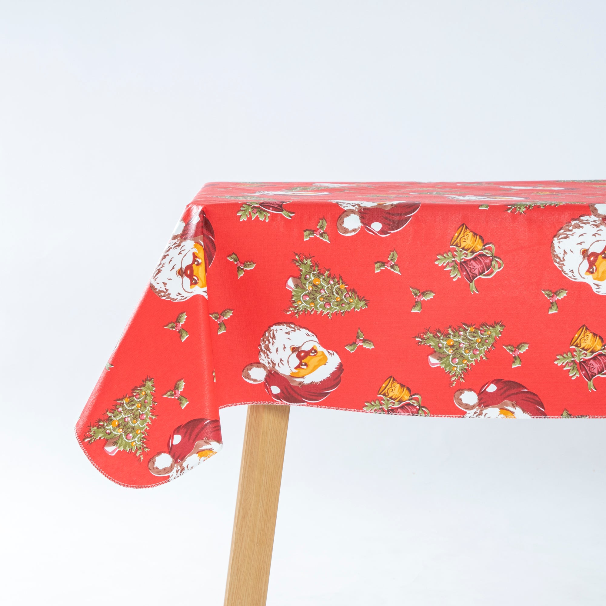 Happy Christmas Tablecloth Happy Cute Santa Claus Vinyl Surface with Flannel Backing Oilcloth Waterproof holiday (Red type)