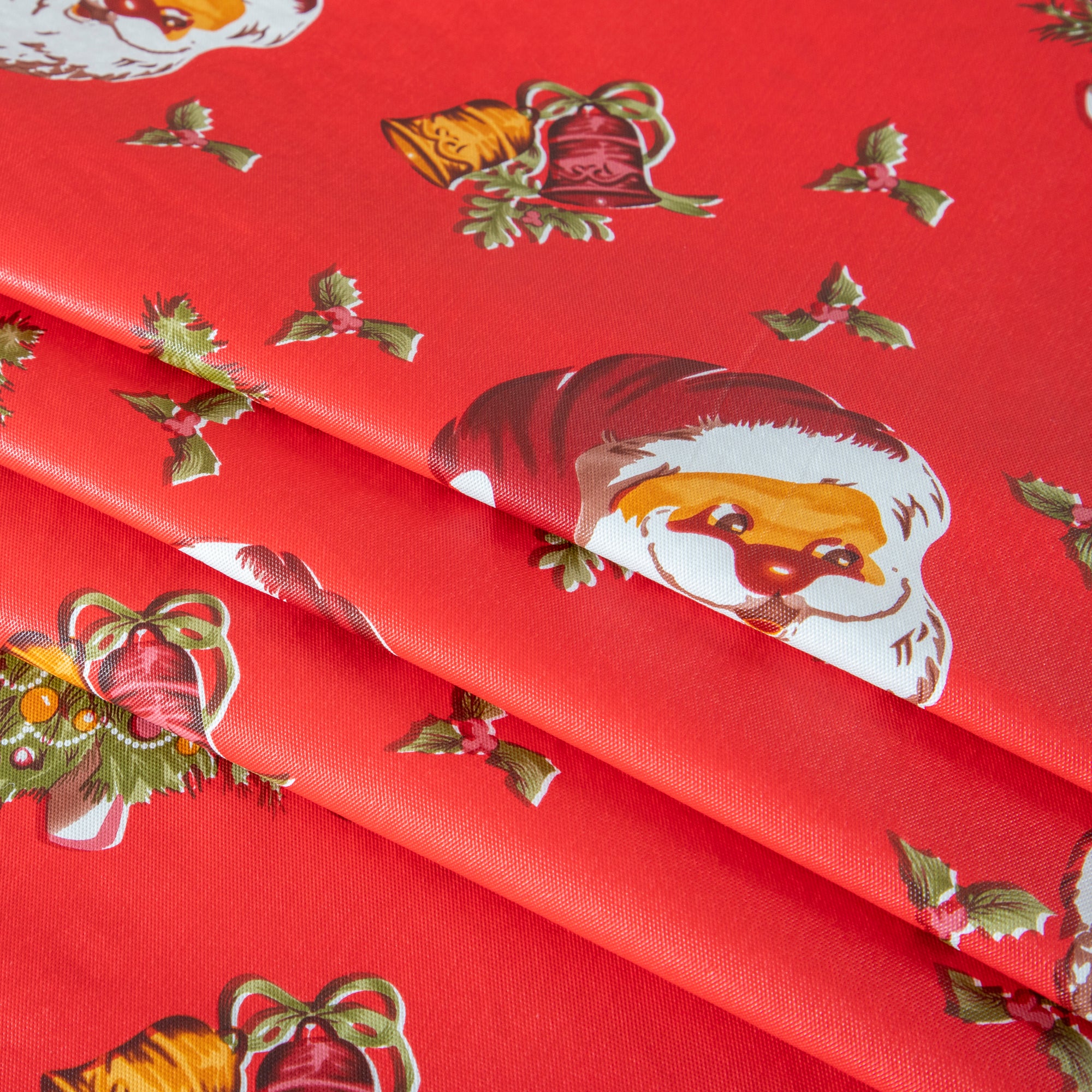 Happy Christmas Tablecloth Happy Cute Santa Claus Vinyl Surface with Flannel Backing Oilcloth Waterproof holiday (Red type)