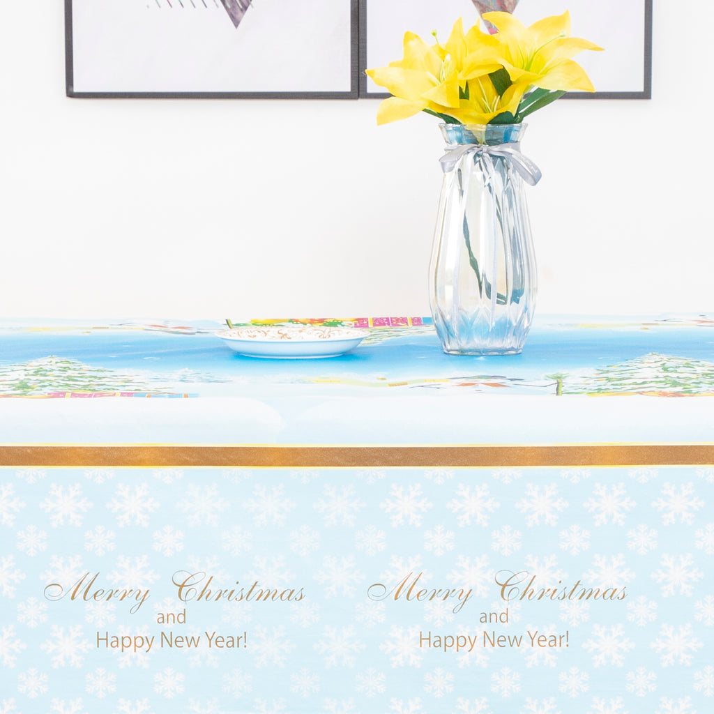 Christmas Blue Snowman Tablecloth Table Cover Vinyl Surface with Flannel Backing Oilcloth Waterproof holiday