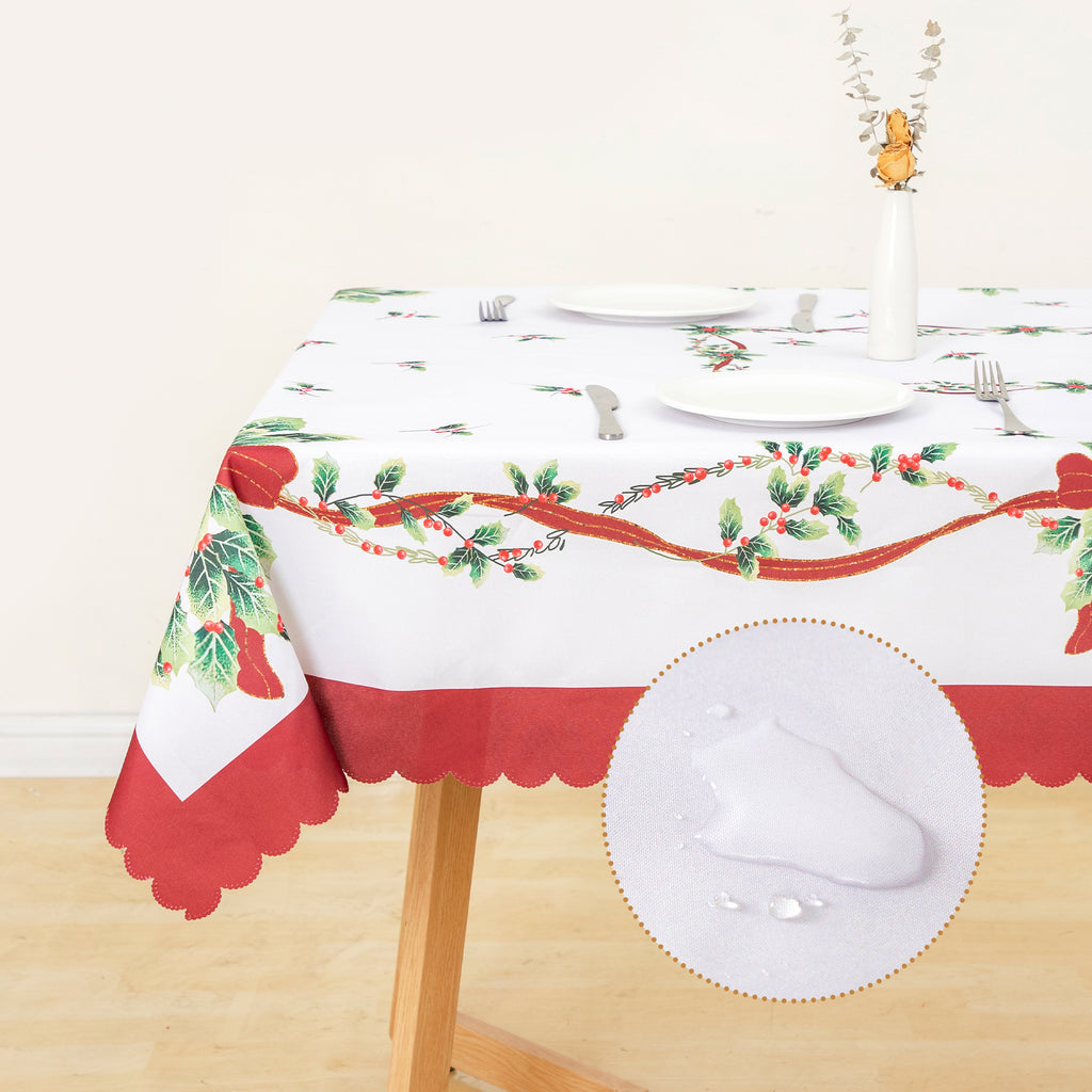 Christmas Bright flower branches Polyester Tablecloth Vinyl Surface with Flannel Backing Oilcloth Waterproof holiday