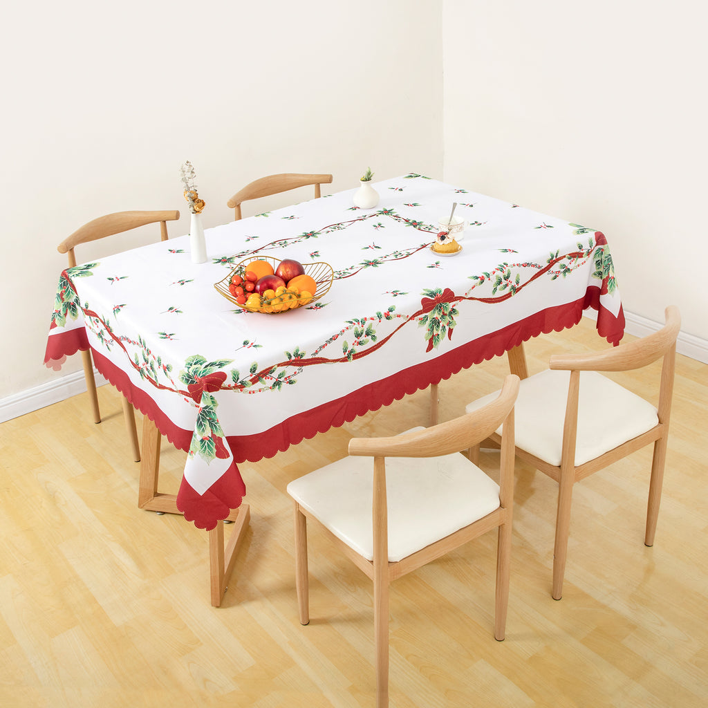 Christmas Bright flower branches Polyester Tablecloth Vinyl Surface with Flannel Backing Oilcloth Waterproof holiday