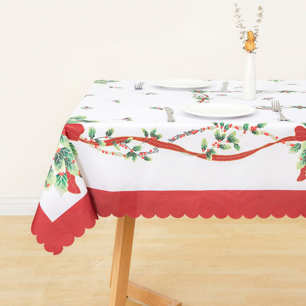 Christmas Bright flower branches Polyester Tablecloth Vinyl Surface with Flannel Backing Oilcloth Waterproof holiday