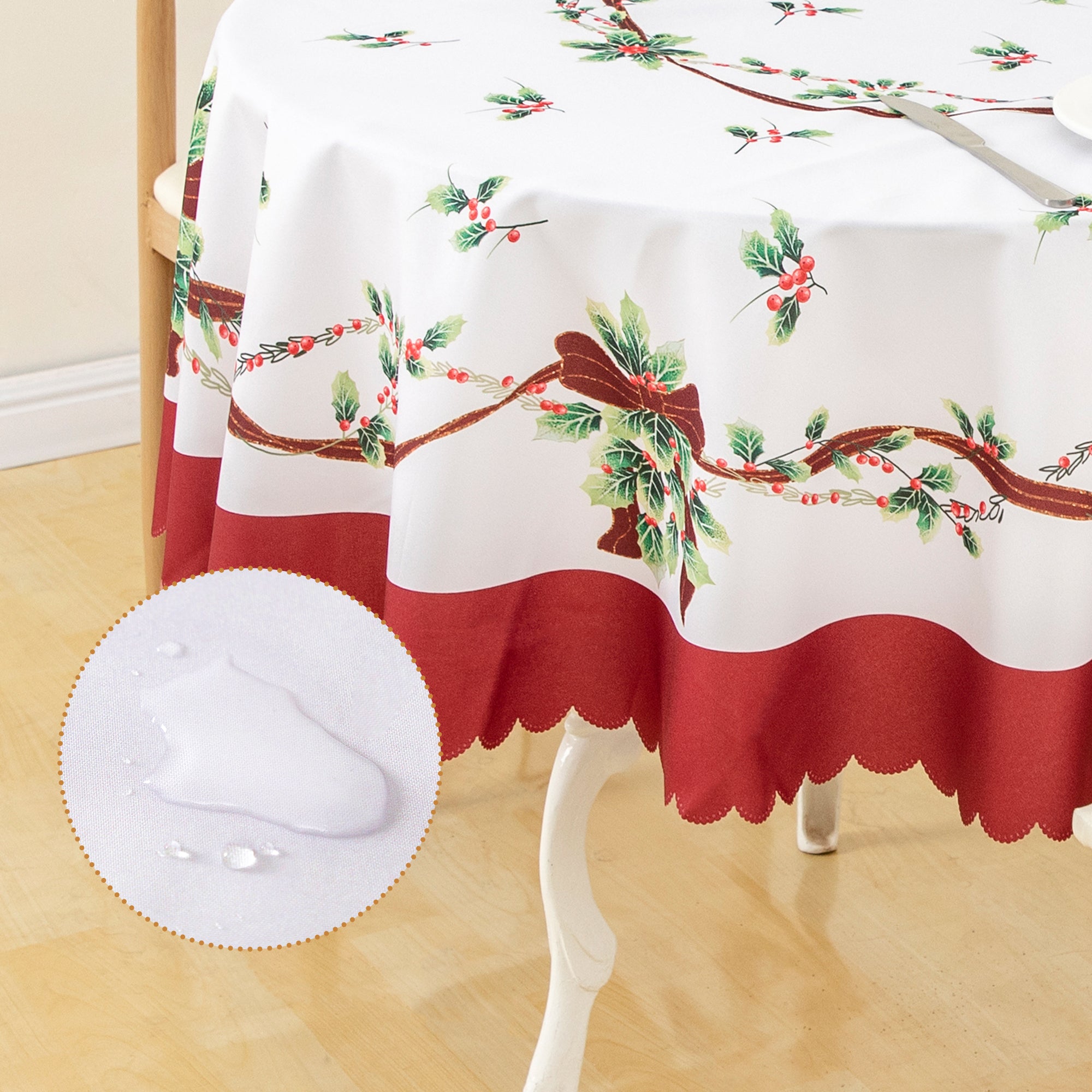Christmas Bright flower branches Polyester Tablecloth Vinyl Surface with Flannel Backing Oilcloth Waterproof holiday