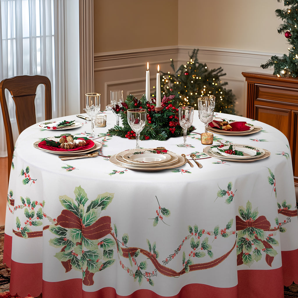 Christmas Bright flower branches Polyester Tablecloth Vinyl Surface with Flannel Backing Oilcloth Waterproof holiday