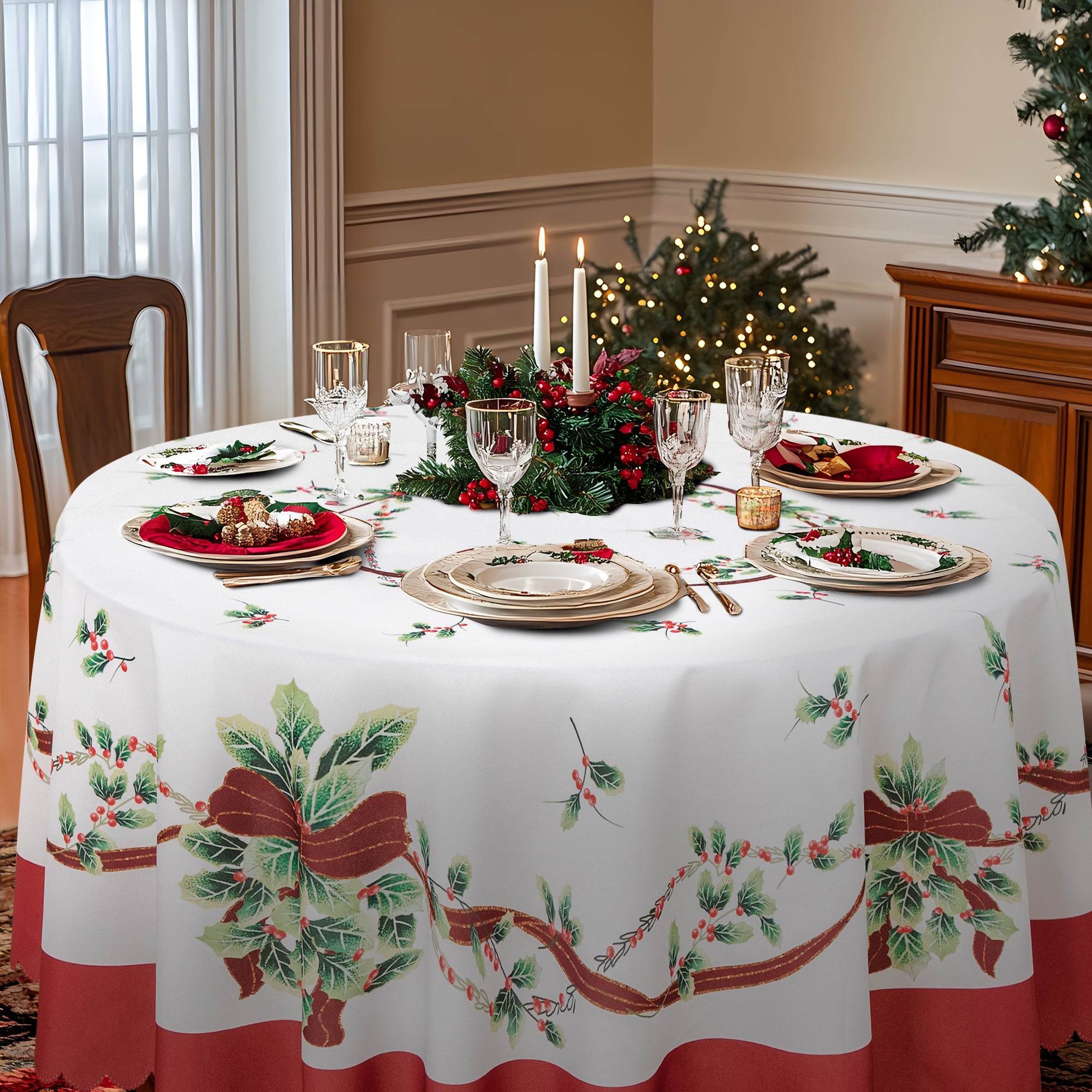 Christmas Bright flower branches Polyester Tablecloth Vinyl Surface with Flannel Backing Oilcloth Waterproof holiday