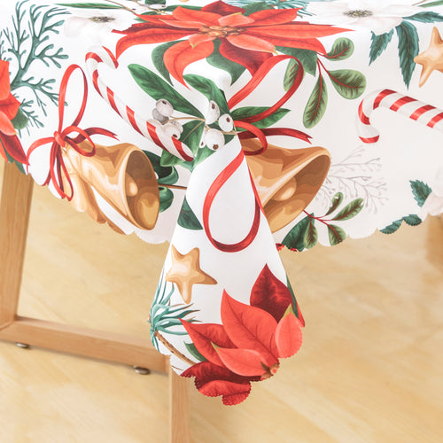 Christmas Bright Flower Bell Feast Polyester Tablecloth Vinyl Surface with Flannel Backing Oilcloth Waterproof holiday