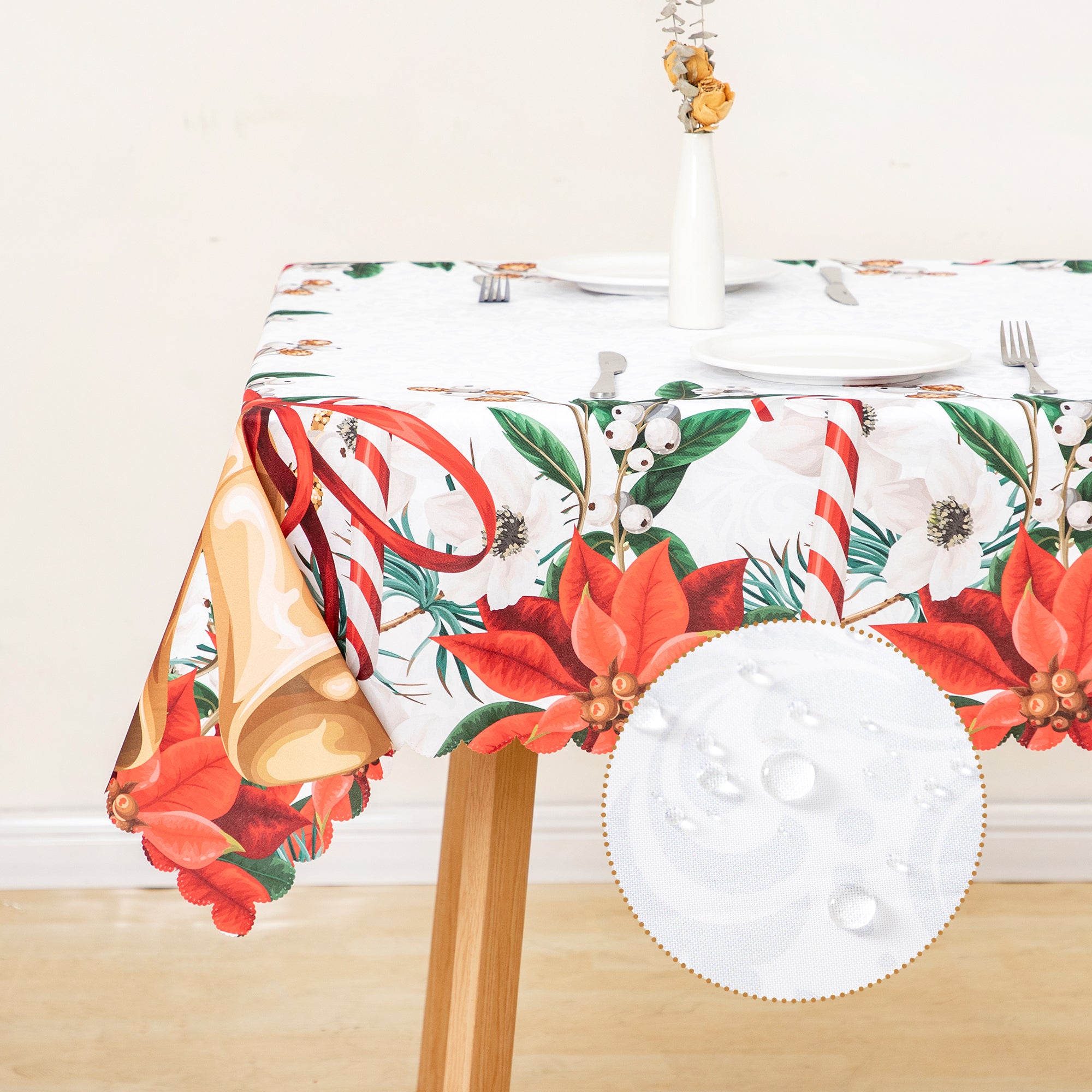 Christmas Bright and vibrant Beautiful flowers Feast Polyester Tablecloth Vinyl Surface with Flannel Backing Oilcloth Waterproof holiday