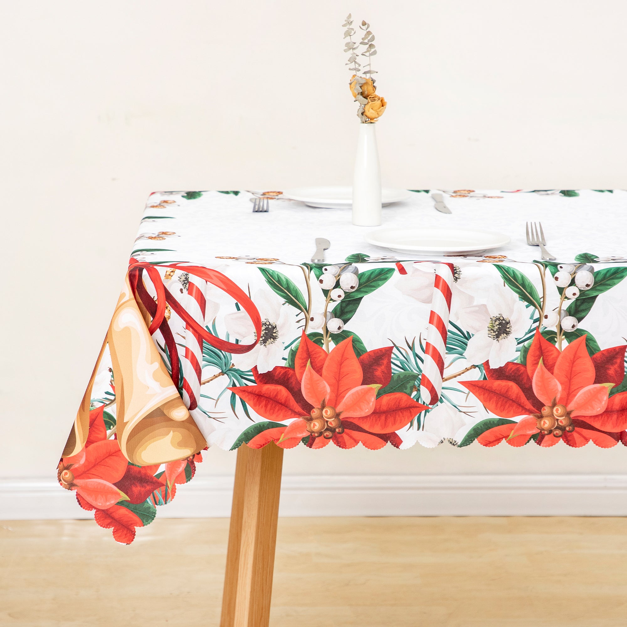 Christmas Bright and vibrant Beautiful flowers Feast Polyester Tablecloth Vinyl Surface with Flannel Backing Oilcloth Waterproof holiday