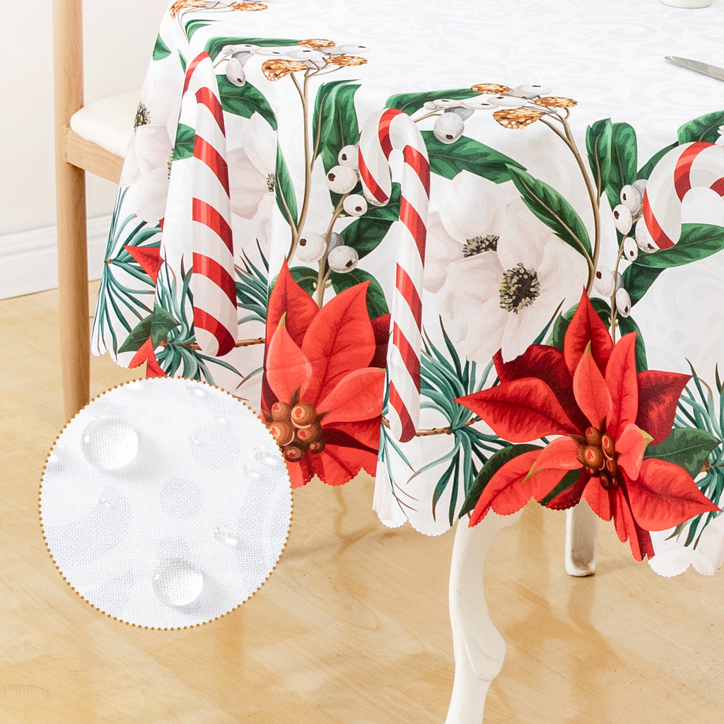 Christmas Bright and vibrant Beautiful flowers Feast Polyester Tablecloth Vinyl Surface with Flannel Backing Oilcloth Waterproof holiday