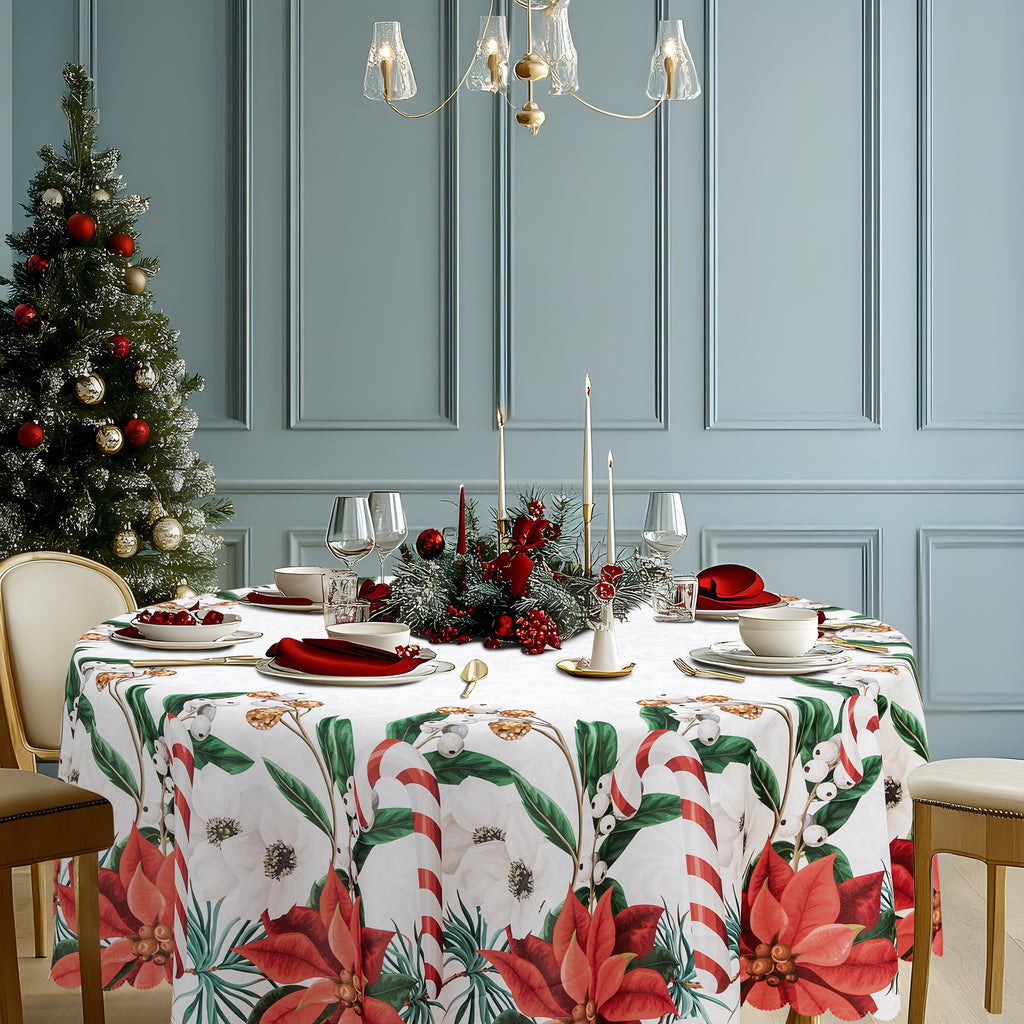 Christmas Bright and vibrant Beautiful flowers Feast Polyester Tablecloth Vinyl Surface with Flannel Backing Oilcloth Waterproof holiday
