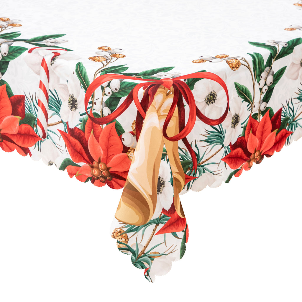 Christmas Bright and vibrant Beautiful flowers Feast Polyester Tablecloth Vinyl Surface with Flannel Backing Oilcloth Waterproof holiday