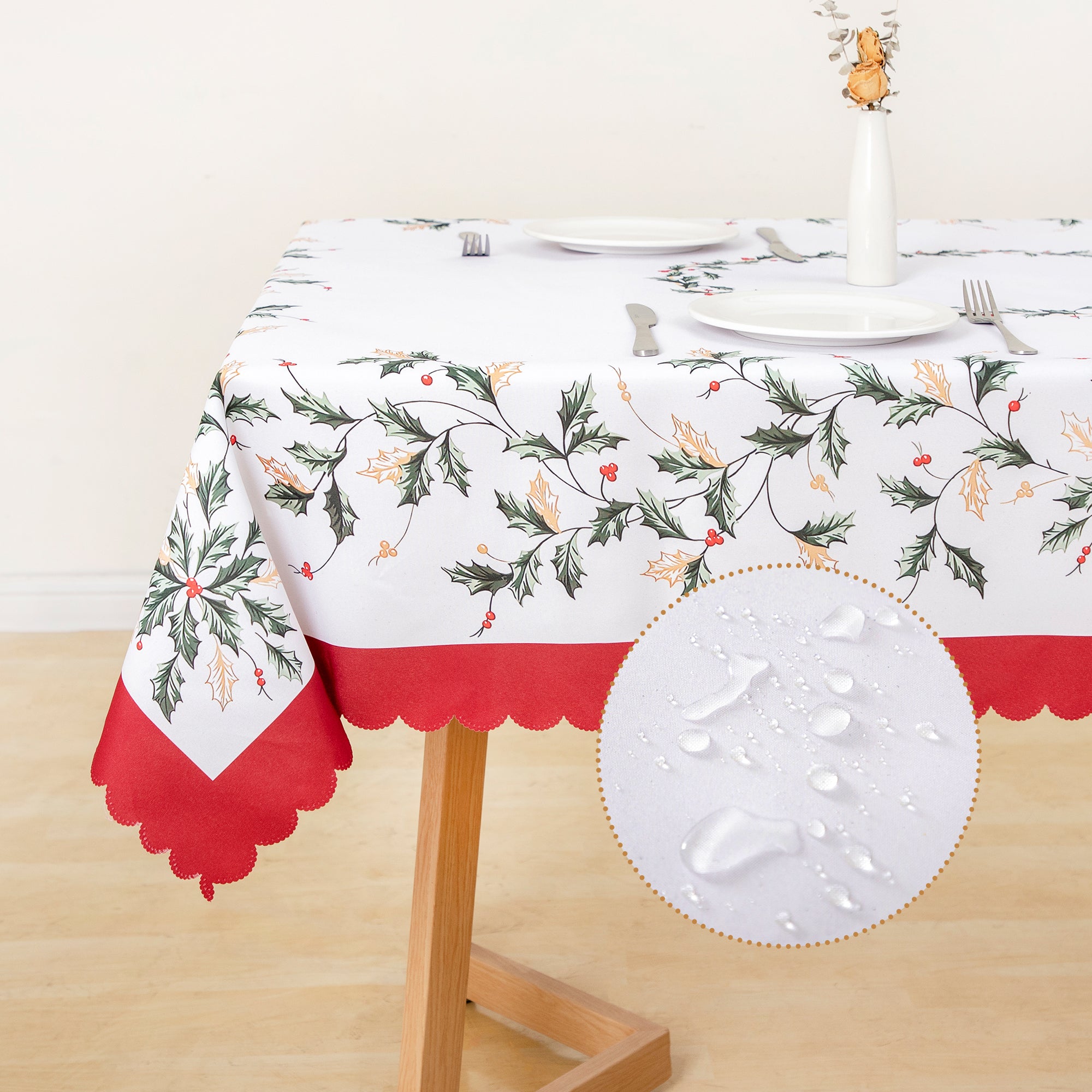 Christmas Beautiful flowers Feast Polyester Tablecloth Vinyl Surface with Flannel Backing Oilcloth Waterproof holiday