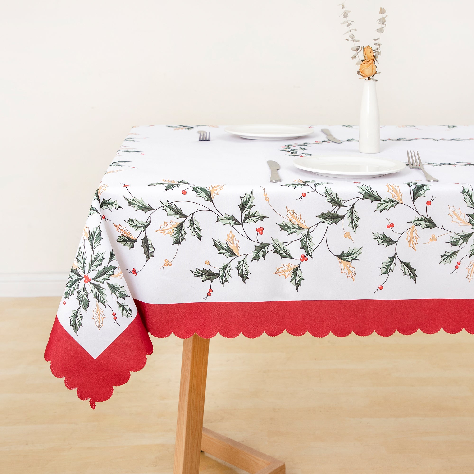 Christmas Beautiful flowers Feast Polyester Tablecloth Vinyl Surface with Flannel Backing Oilcloth Waterproof holiday
