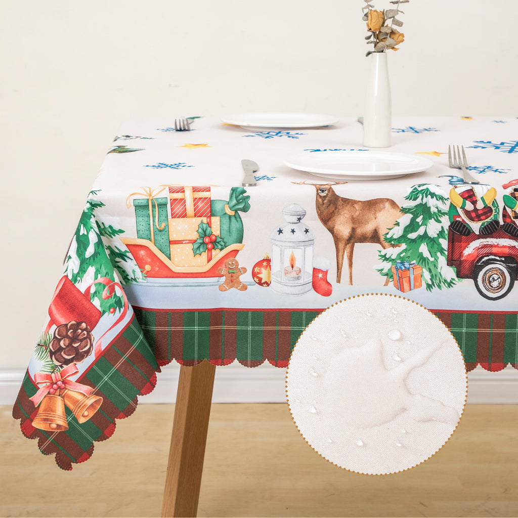 Christmas Luxury Feast Polyester Tablecloth Vinyl Surface with Flannel Backing Oilcloth Waterproof holiday (Deep color)