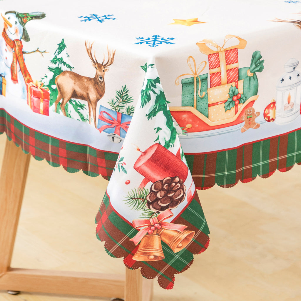 Christmas Luxury Feast Polyester Tablecloth Vinyl Surface with Flannel Backing Oilcloth Waterproof holiday (Deep color)