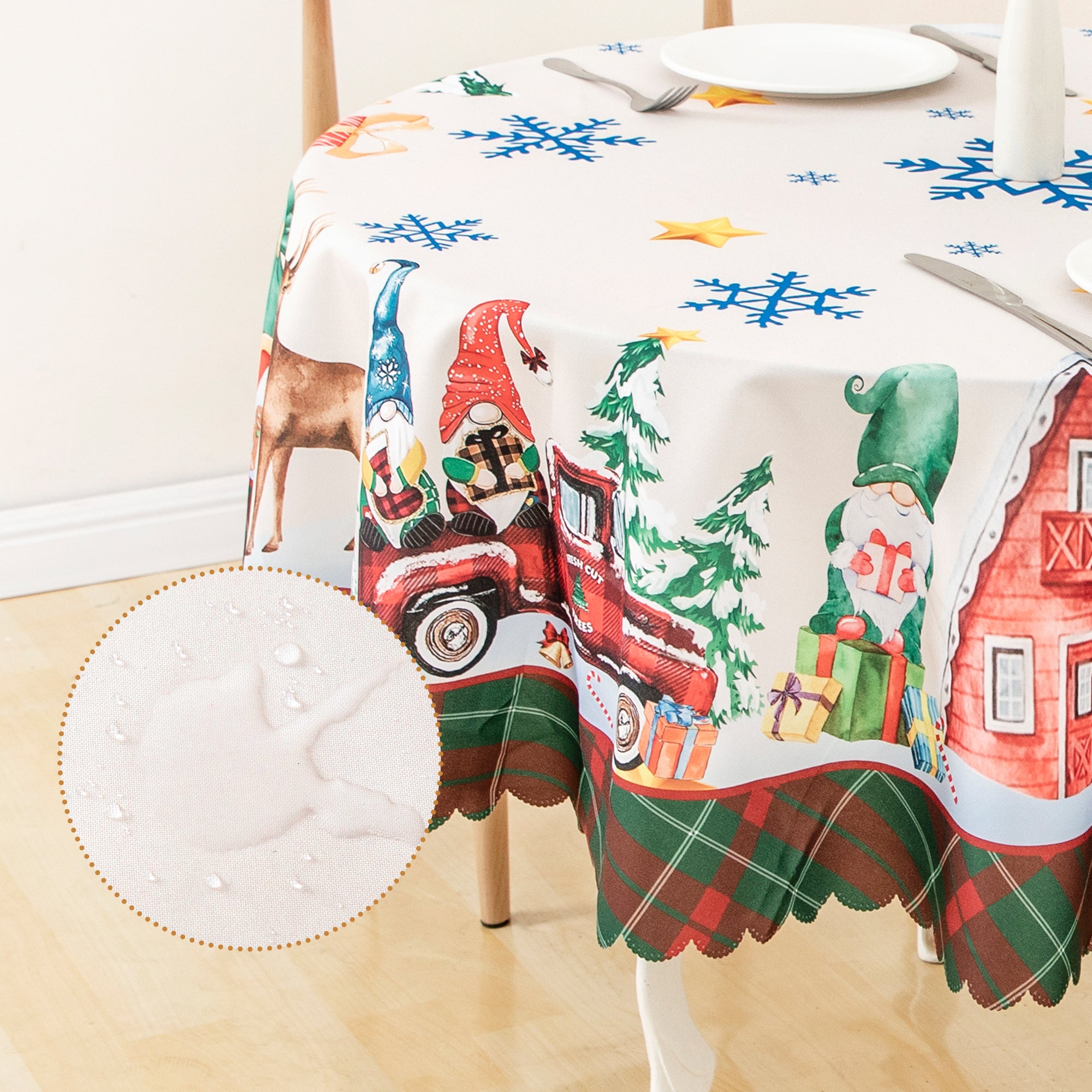 Christmas Luxury Feast Polyester Tablecloth Vinyl Surface with Flannel Backing Oilcloth Waterproof holiday (Deep color)