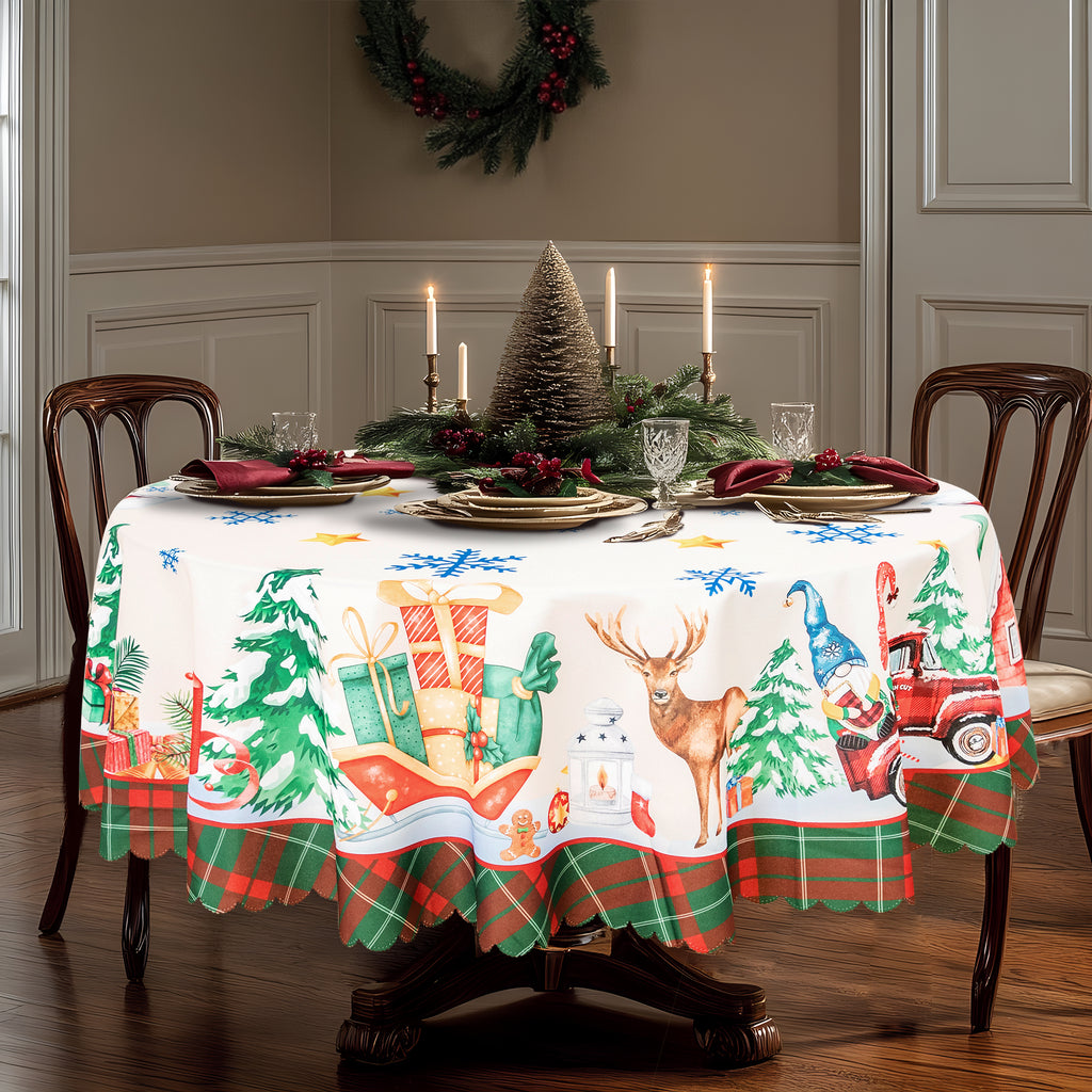 Christmas Luxury Feast Polyester Tablecloth Vinyl Surface with Flannel Backing Oilcloth Waterproof holiday (Deep color)