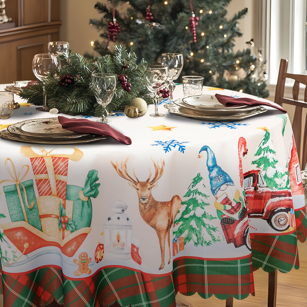 Christmas Luxury Feast Polyester Tablecloth Vinyl Surface with Flannel Backing Oilcloth Waterproof holiday (Deep color)