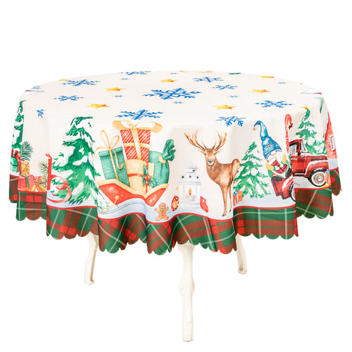 Christmas Luxury Feast Polyester Tablecloth Vinyl Surface with Flannel Backing Oilcloth Waterproof holiday (Deep color)