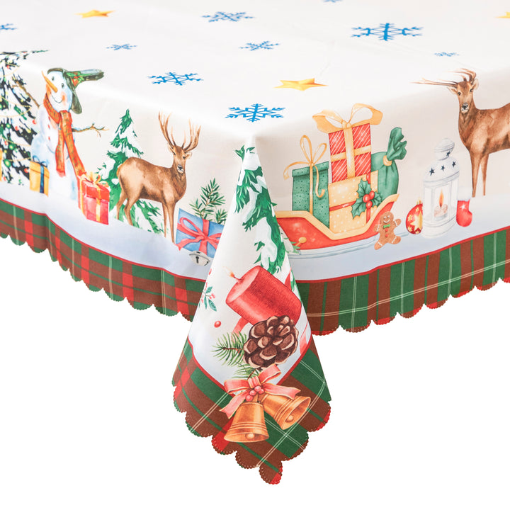 Christmas Luxury Feast Polyester Tablecloth Vinyl Surface with Flannel Backing Oilcloth Waterproof holiday (Deep color)