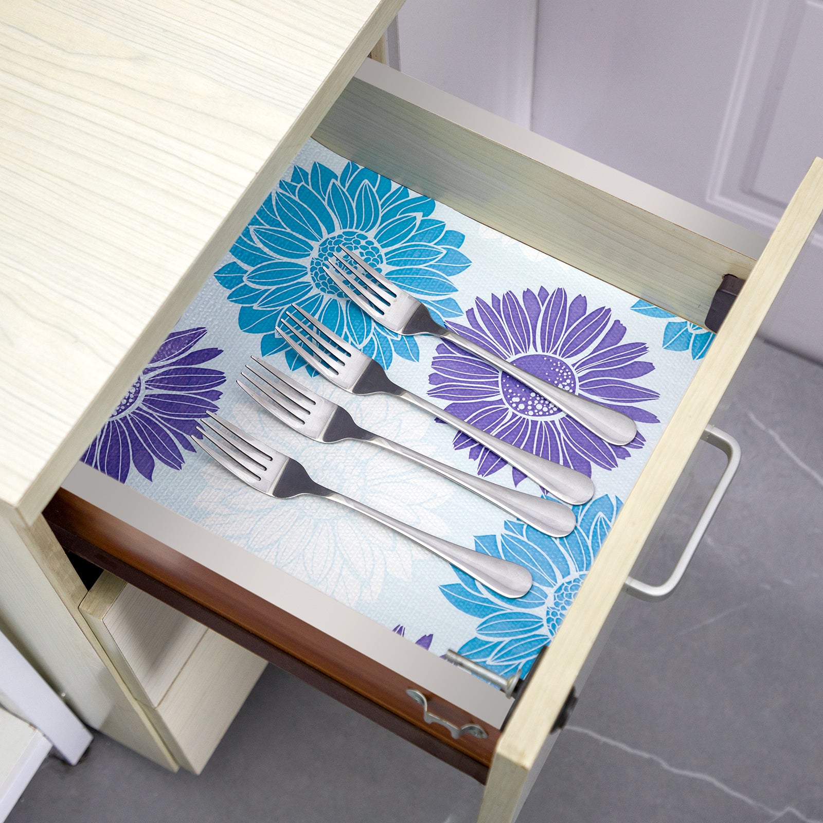 RAY STAR Grip Shelf Liner Non Adhesive, Easy Clean Kitchen Drawer, Cabinet, Cupboard Dresser Protector Cover（Blue beautiful flowers)