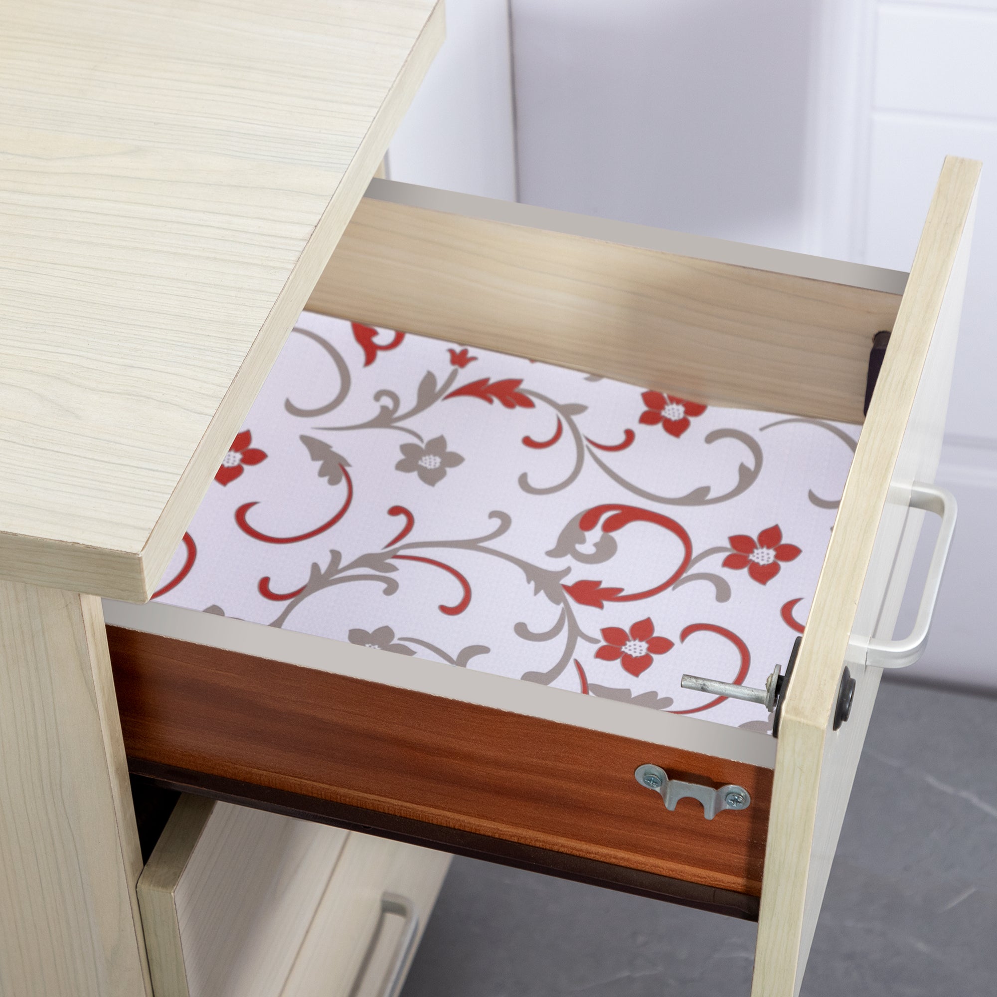 RAY STAR Grip Shelf Liner Non Adhesive, Easy Clean Kitchen Drawer, Cabinet, Cupboard Dresser Protector Cover（Red flower branches)