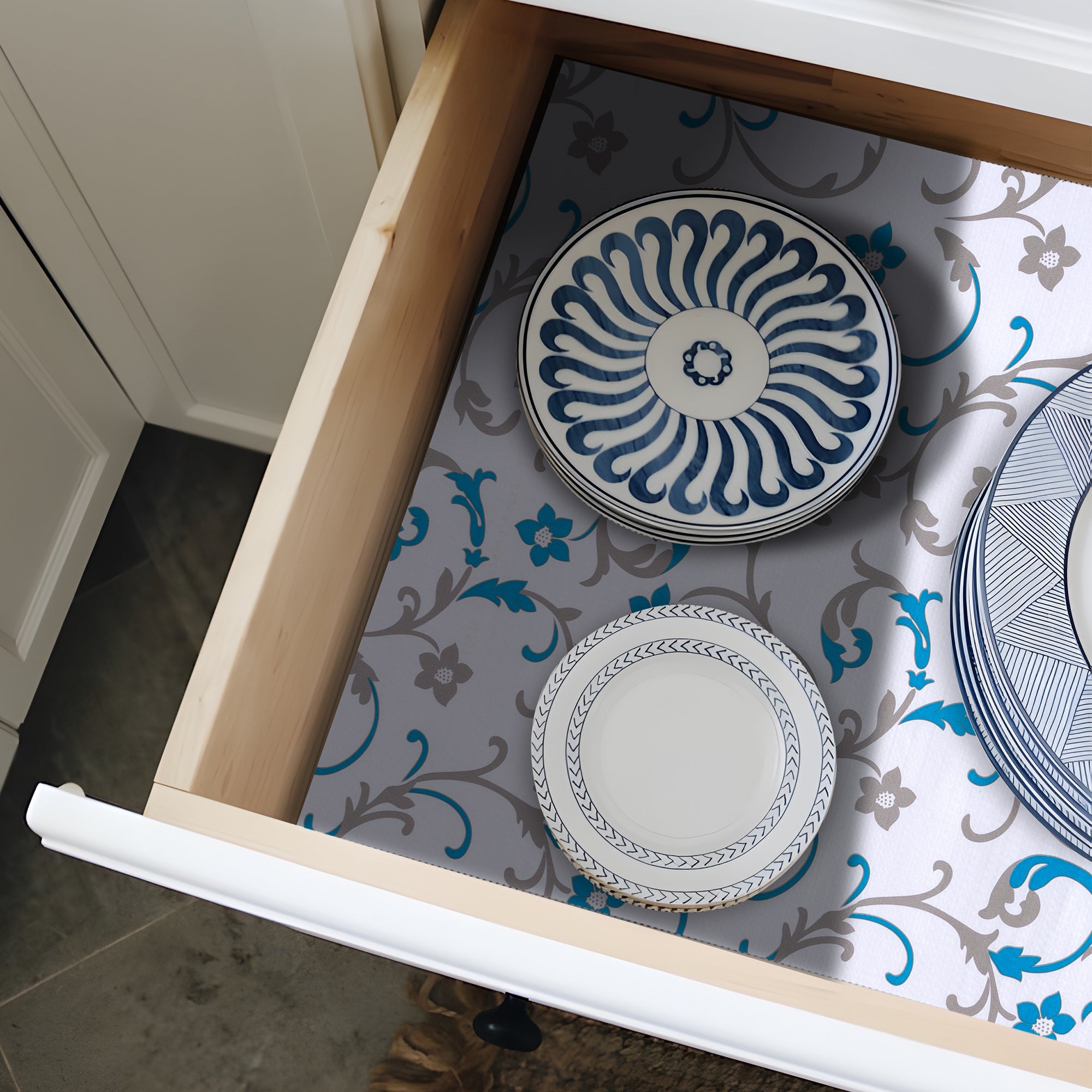 RAY STAR Grip Shelf Liner Non Adhesive, Easy Clean Kitchen Drawer, Cabinet, Cupboard Dresser Protector Cover（Blue flower branches)