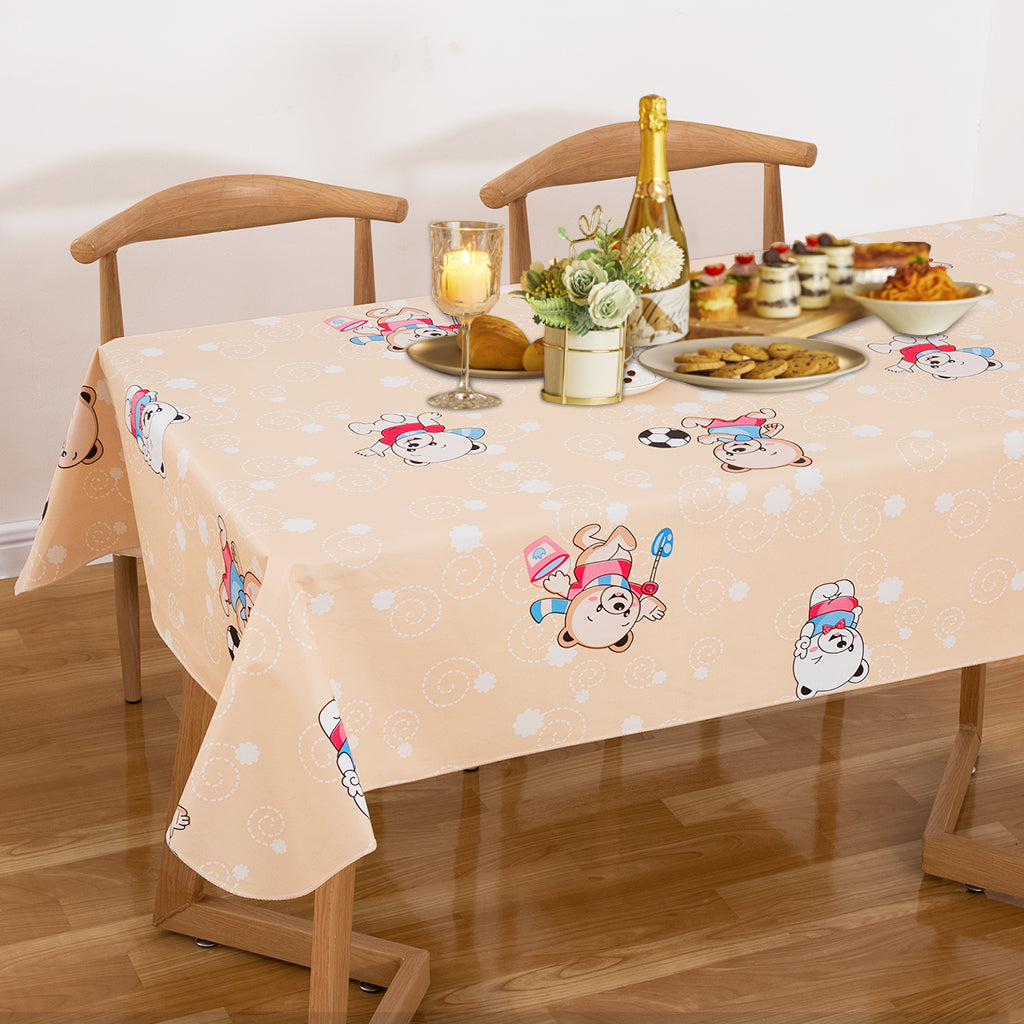 RAY STAR Classic Beige Teddy Bear Football Vinyl Tablecloth with Flannel Backing – Cute Kids Pattern, Waterproof & Easy Clean Oilcloth for Kitchen or Party Table