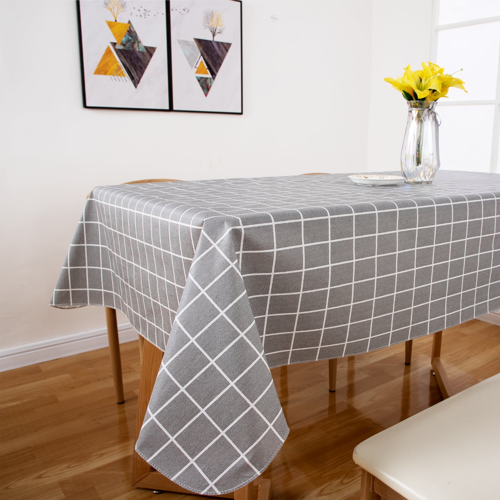 RAY STAR Grey background and white grid Tablecloth With Flannel Backing Round and Rectangle