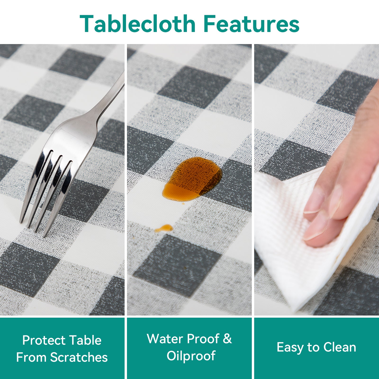 RAY STAR Gray grid Tablecloth With Flannel Backing Round and Rectangle