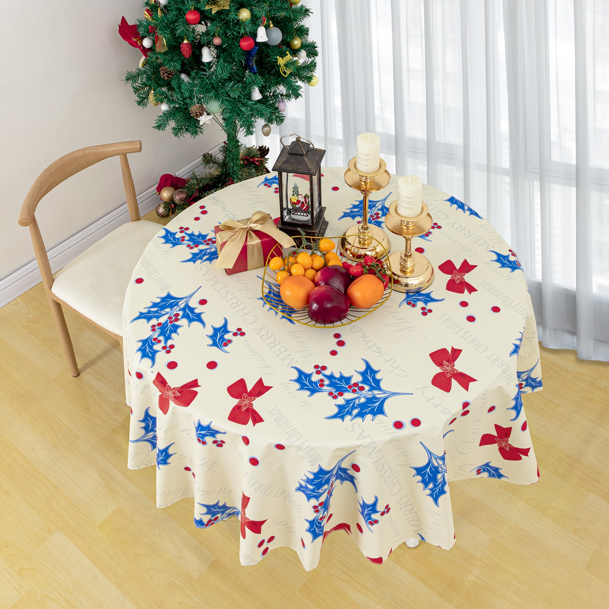 RAY STAR Beige base with blue berry small bow Tablecloth With Flannel Backing Round and Rectangle