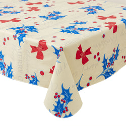 RAY STAR Beige base with blue berry small bow Tablecloth With Flannel Backing Round and Rectangle