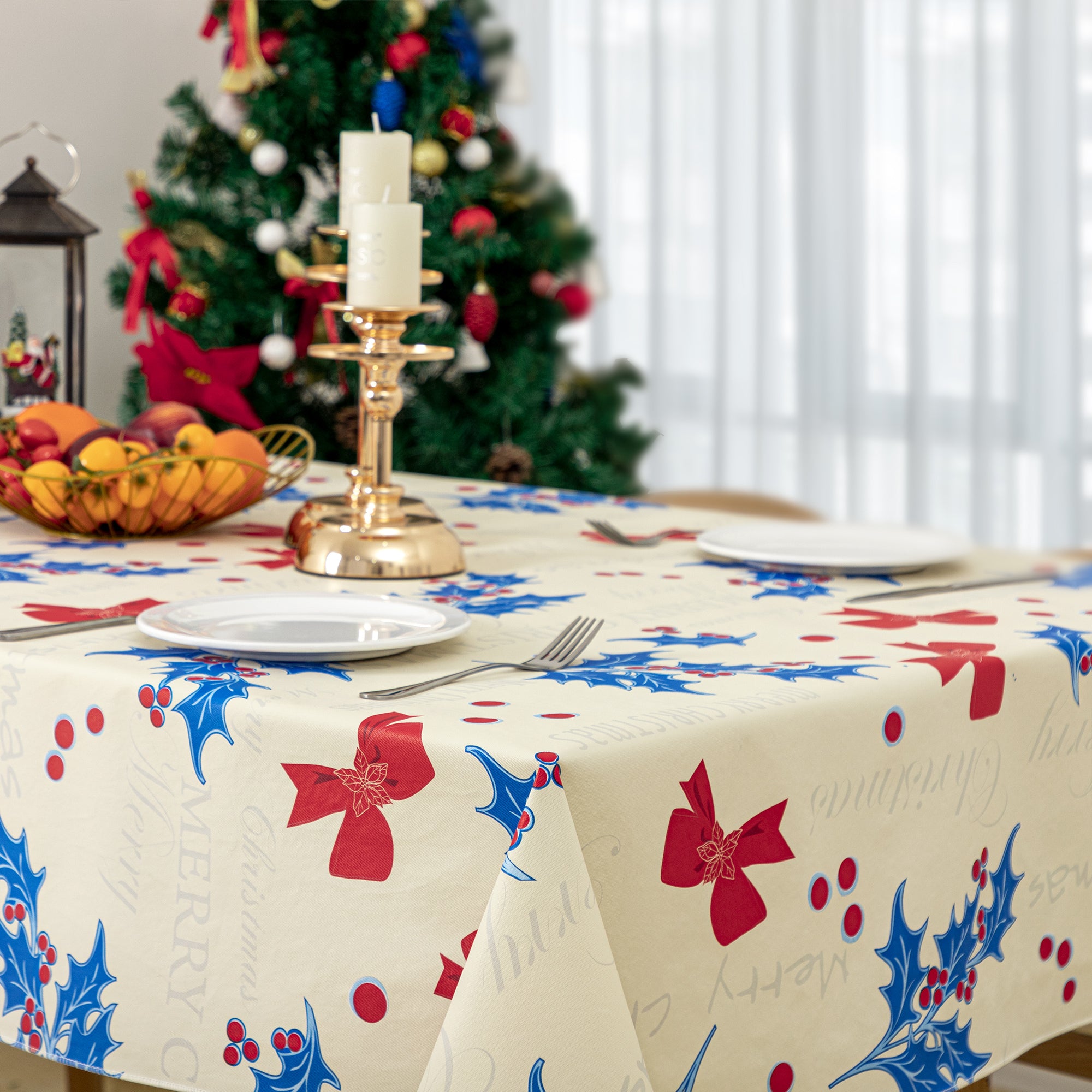 RAY STAR Beige base with blue berry small bow Tablecloth With Flannel Backing Round and Rectangle