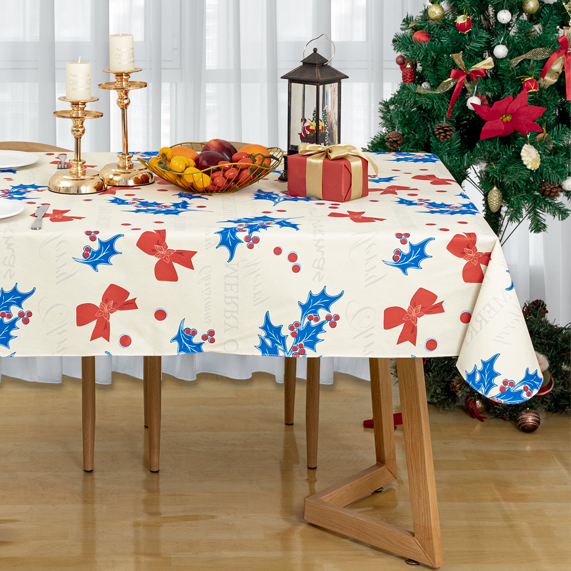 RAY STAR Beige base with blue berry small bow Tablecloth With Flannel Backing Round and Rectangle