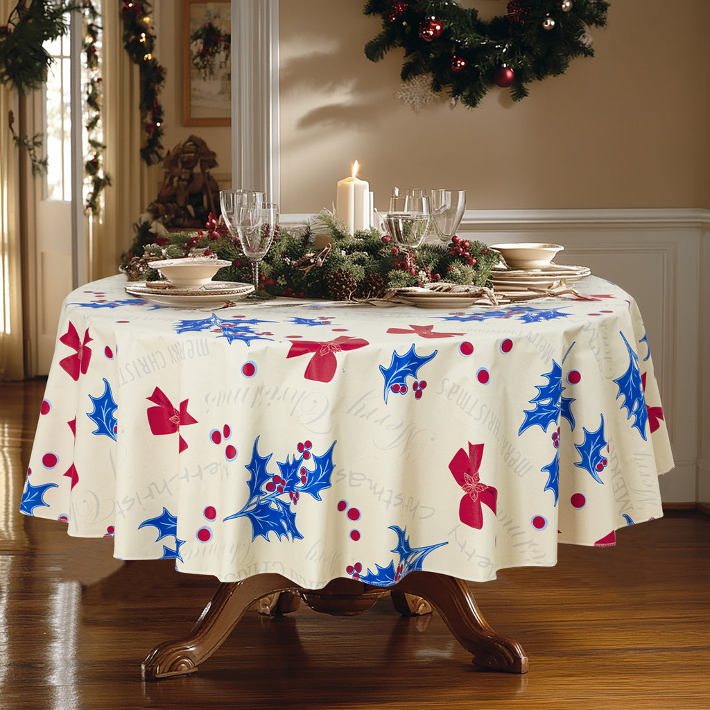 RAY STAR Beige base with blue berry small bow Tablecloth With Flannel Backing Round and Rectangle