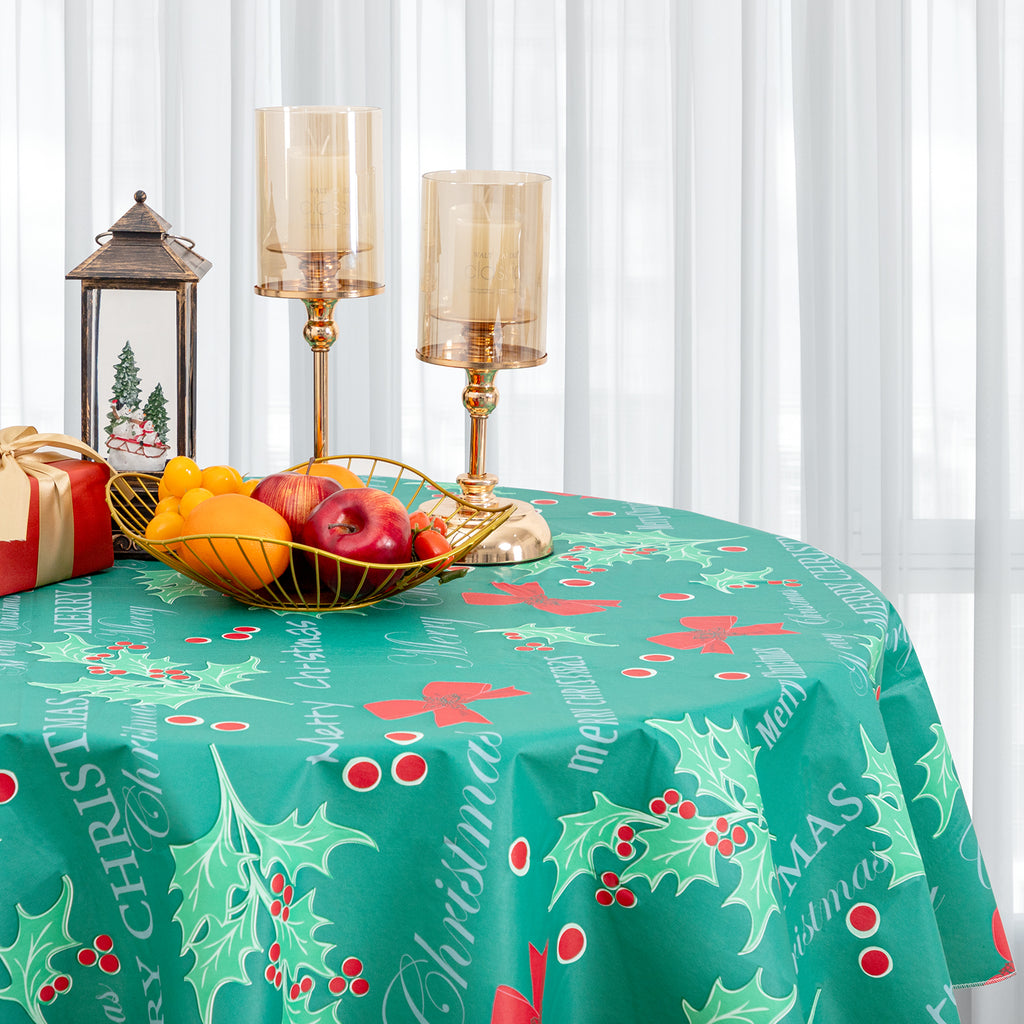 Christmas Tablecloth Vinyl surface with Flannel Backing Oilcloth Waterproof holiday time (Green)
