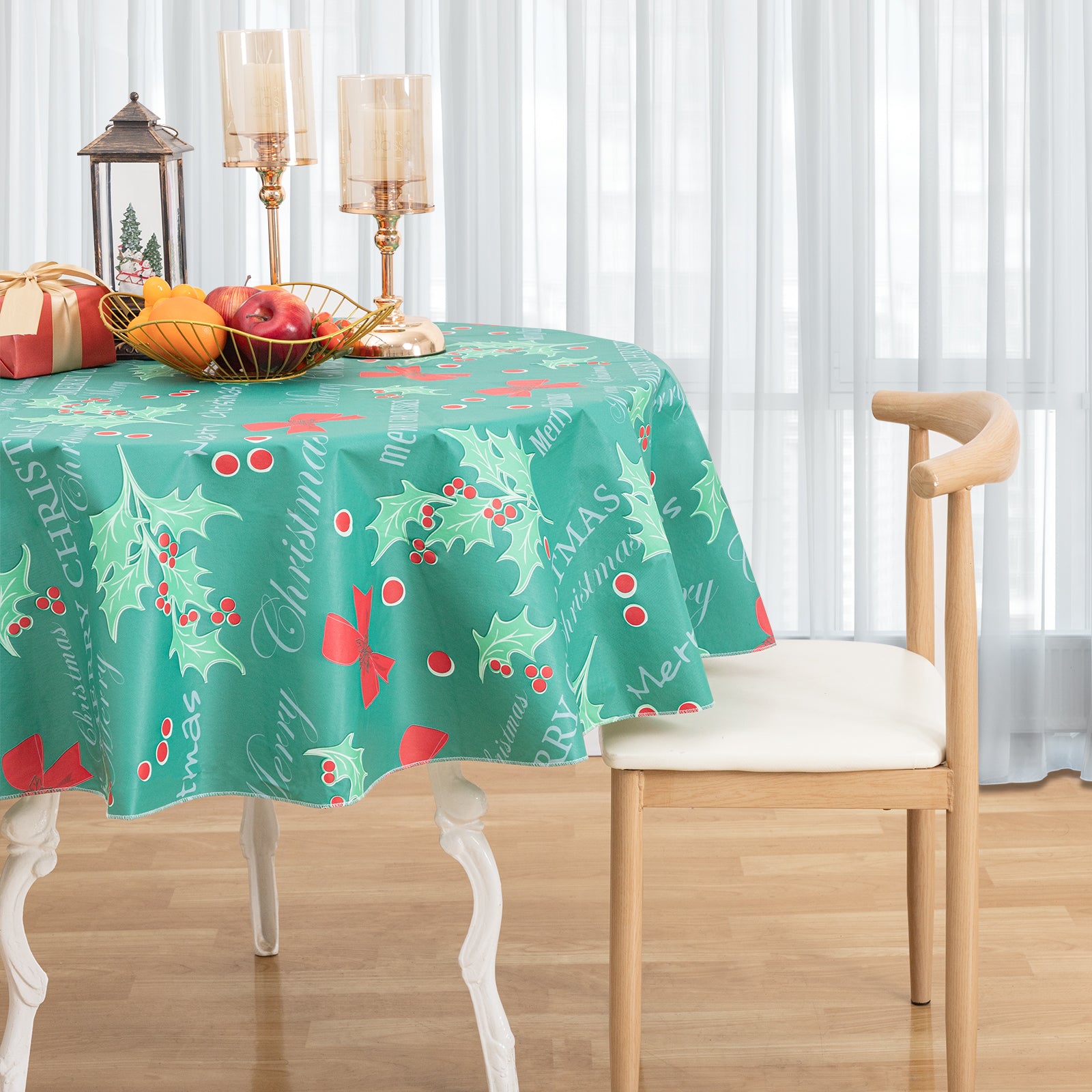 Christmas Tablecloth Vinyl surface with Flannel Backing Oilcloth Waterproof holiday time (Green)
