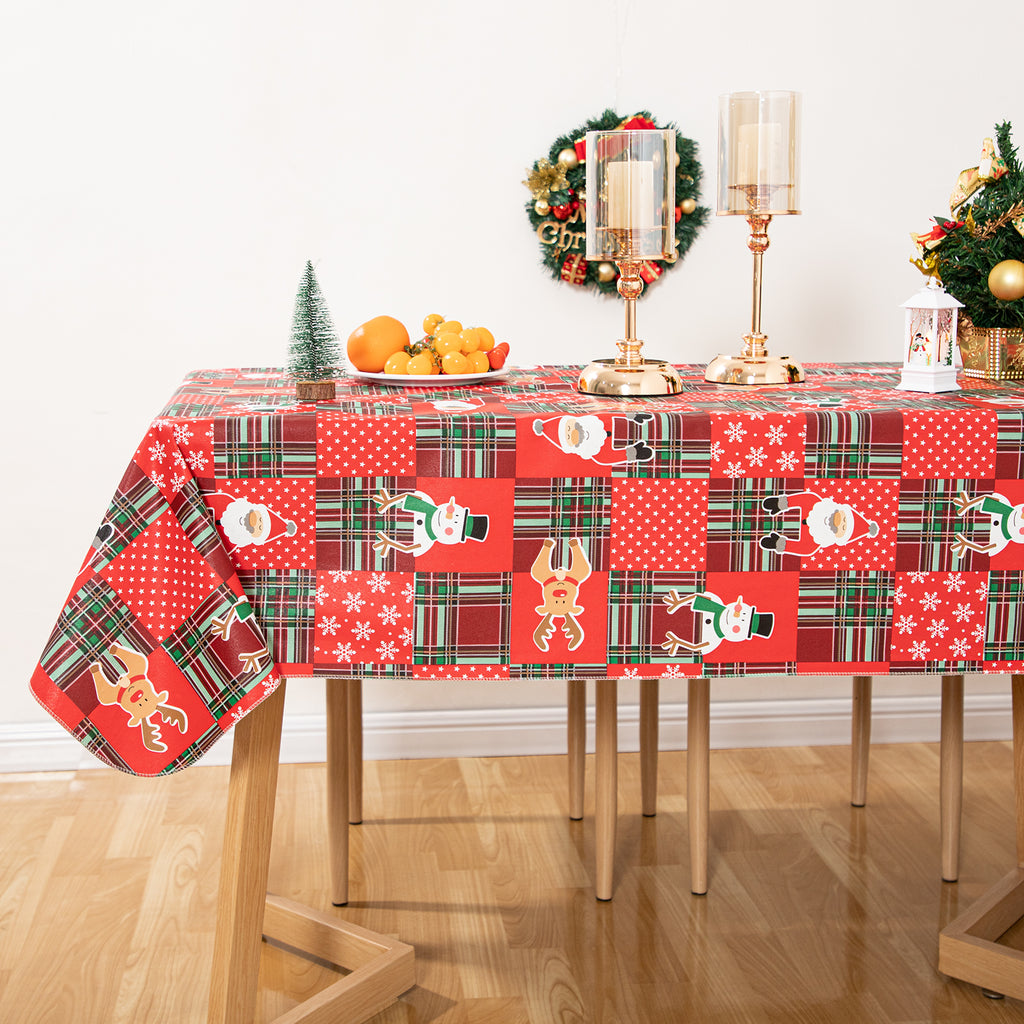 Christmas Cute elements Vinyl Tablecloth Happy Cute Santa Claus Vinyl Surface with Flannel Backing Oilcloth Waterproof holiday (Beige type)