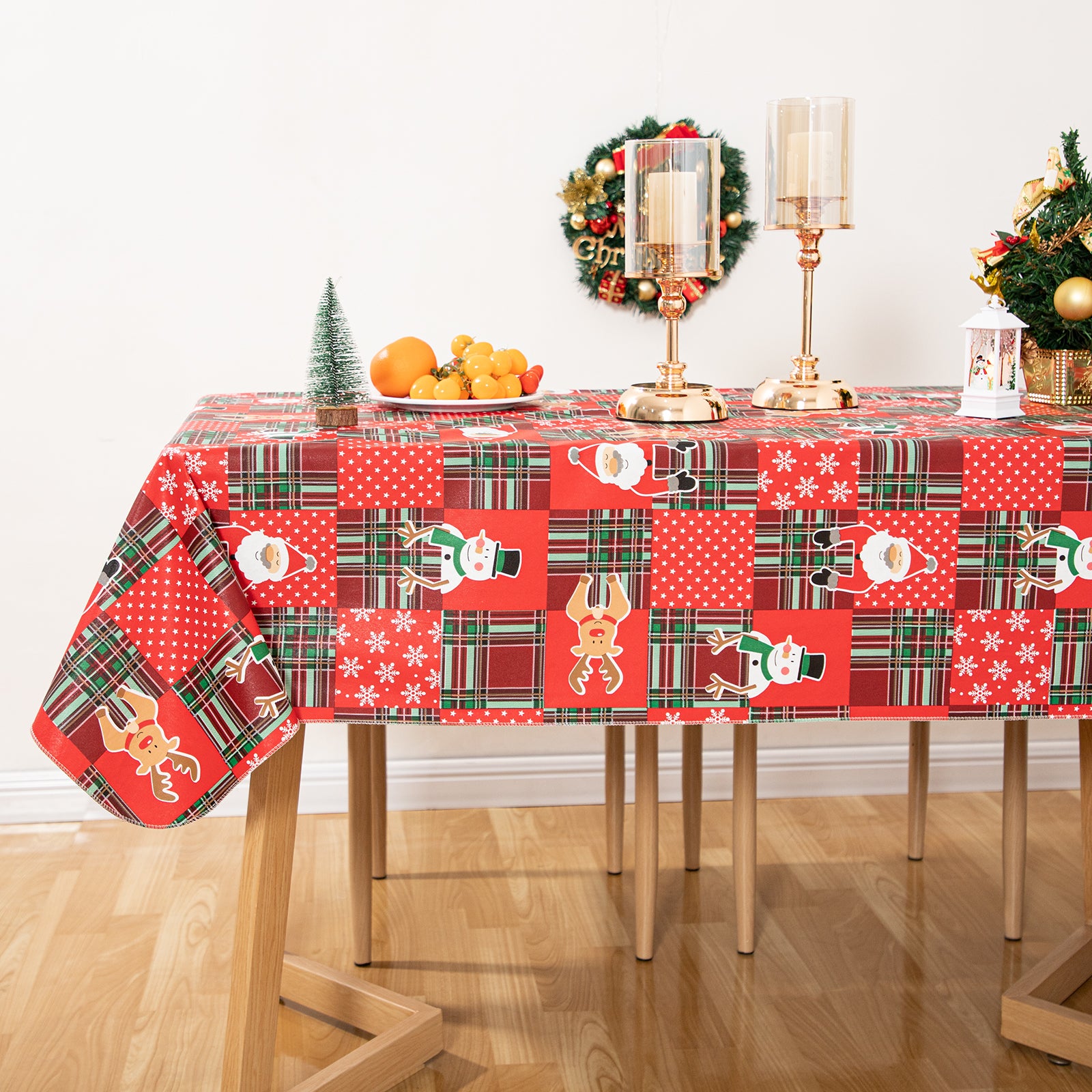 Christmas Cute elements Vinyl Tablecloth Happy Cute Santa Claus Vinyl Surface with Flannel Backing Oilcloth Waterproof holiday (Beige type)