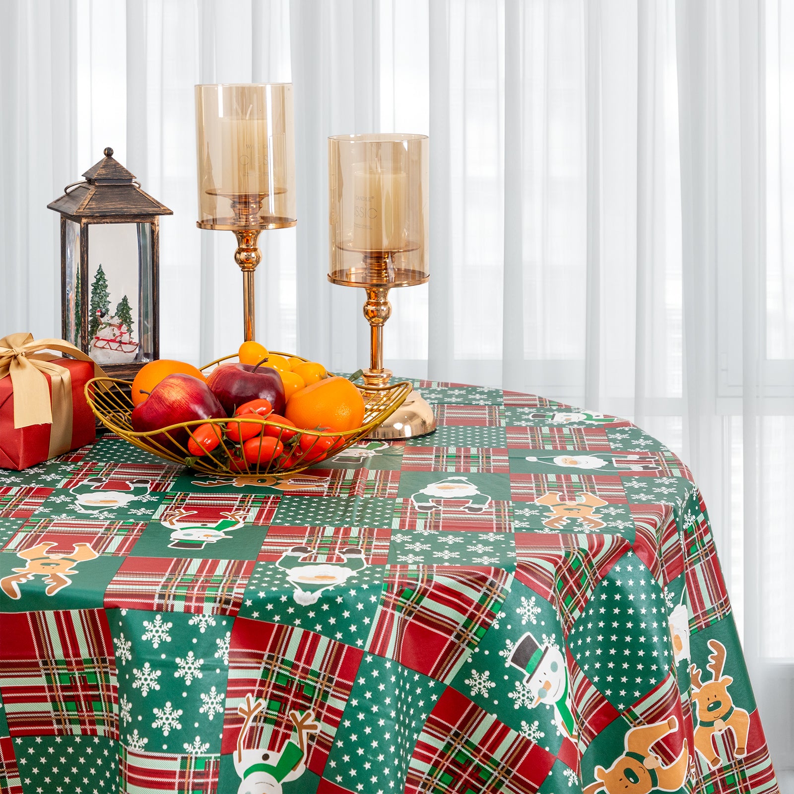 Christmas Cute elements Tablecloth Vinyl Surface with Flannel Backing Oilcloth Waterproof holiday (Green type)